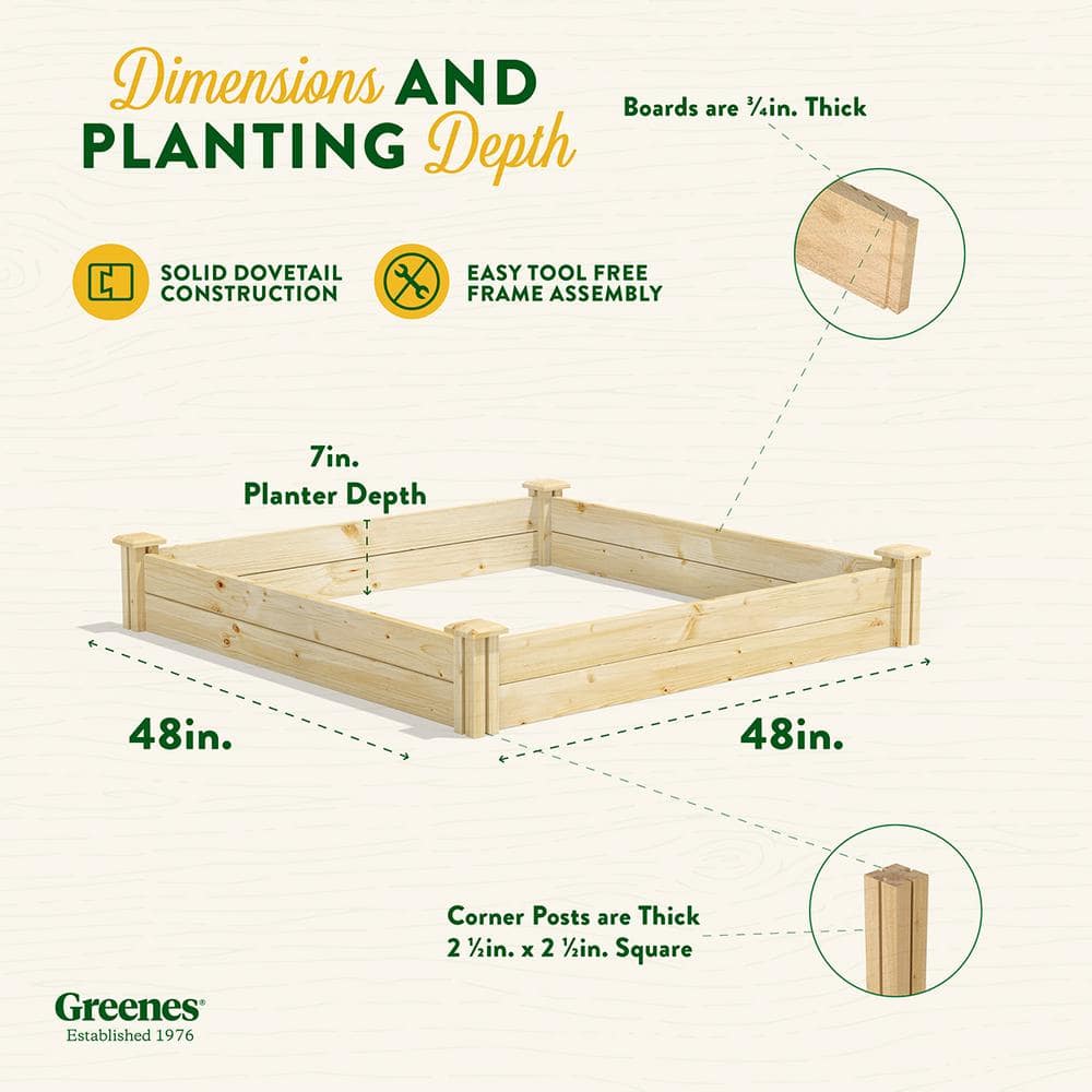 Green 48" x 48" x 7" Pine Raised Garden Bed