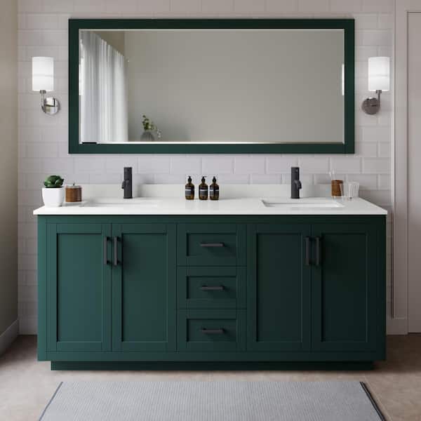 Wyndham Collection Miranda 72 in. W x 22 in. D x 33.75 in. H Double Bath Vanity in Green with White Quartz Top and 70 in. Mirror