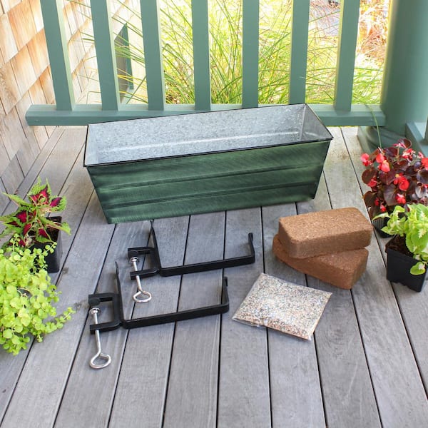 24 in. W Medium Green Patina Galvanized Steel/Wrought Iron Bloom Box Garden Growing Kit with Clamp-On Brackets