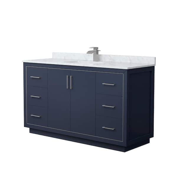 Wyndham Collection Icon 60 in. W x 22 in. D x 35 in. H Single Bath Vanity in Dark Blue with White Carrara Marble Top