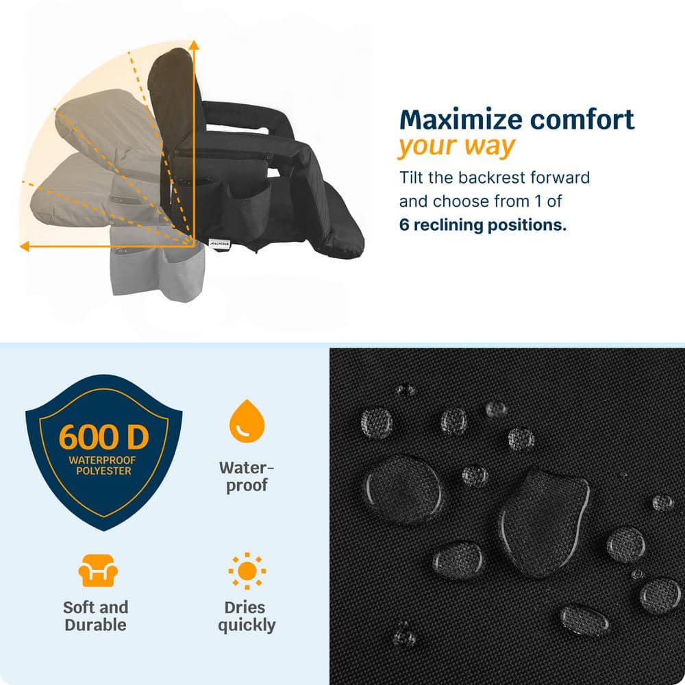 Black Heated Massage Reclining Stadium Seat with Armrests and Pockets