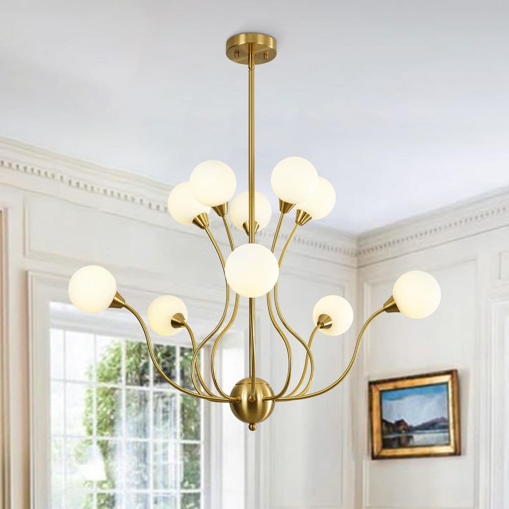 Ceder 10-Light 33.1 in.W Aged Brass Sputnik Candle Transitional Chandelier with Opal Glass Globe for Living Room price history on PriceWatchPro