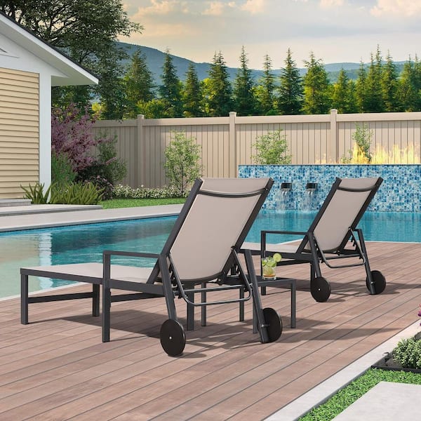 PURPLE LEAF 3-Pieces Aluminum Outdoor Chaise Lounge Chair with Wheels and Armrests Recliner Chair for Pool Backyard Beach, Beige
