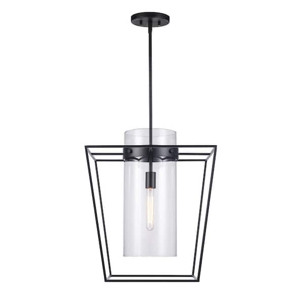 18 in. 1-Light Black Pendant Light Fixture with Clear Glass Cylinder Shade