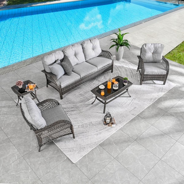 Patio Festival 5-Piece Wicker Patio Conversation Set with Gray Cushions