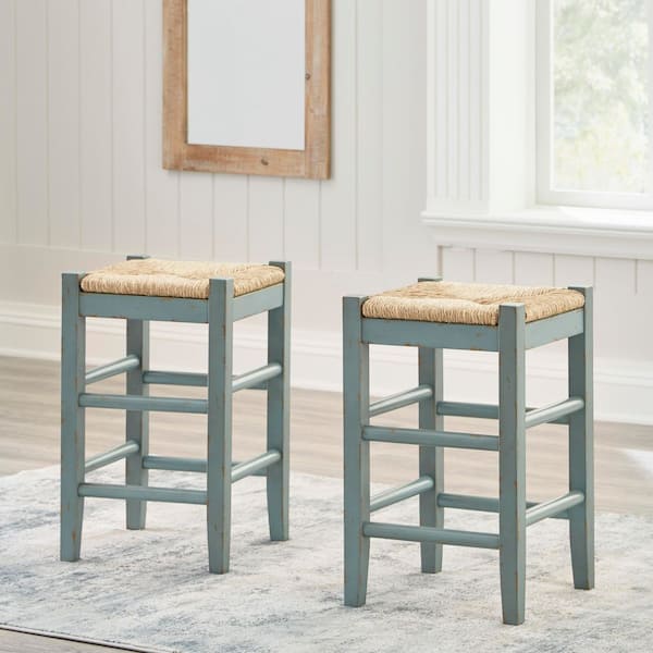 Mirimyn Distressed Green / Light Brown Water Hyacinth Counter Height Bar Stool