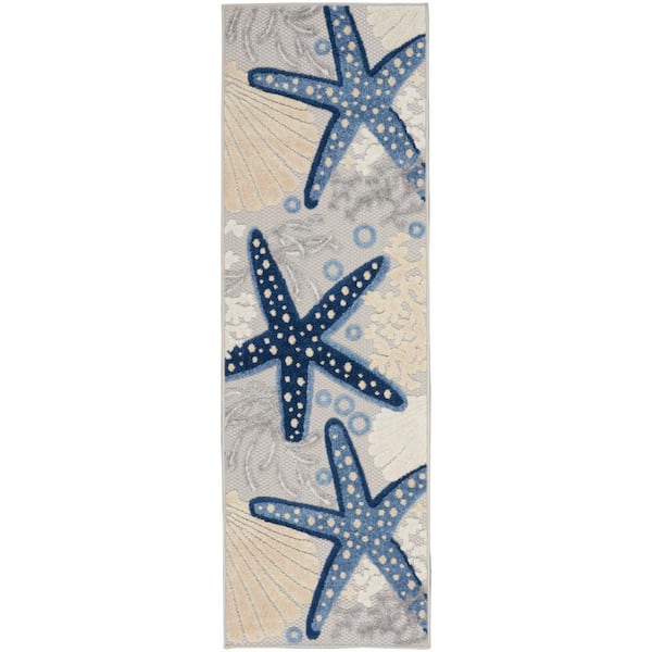 Nourison Aloha Blue/Gray 2 ft. x 6 ft. Kitchen Runner Nautical Contemporary Indoor/Outdoor Patio Area Rug