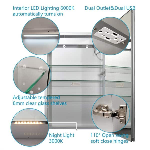 20 in. W x 32 in. H Rectangular Silver Aluminum Recessed/Surface Mount LED Medicine Cabinet with Mirror (Right Open)