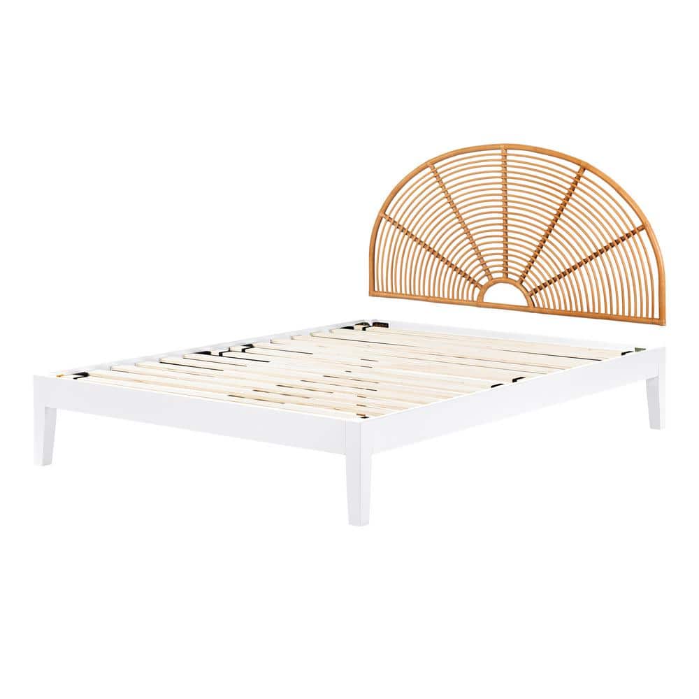 Queen White and Natural Wood Bohemian Bed with Rattan Headboard