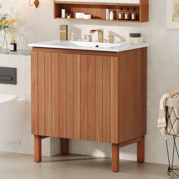 CHRISTOPHER KNIGHT HOME Elden 30 in. Modern Bathroom Antique Natural Wood Cabinet Bath Vanity with White Ceramic Top Sink, Shelves