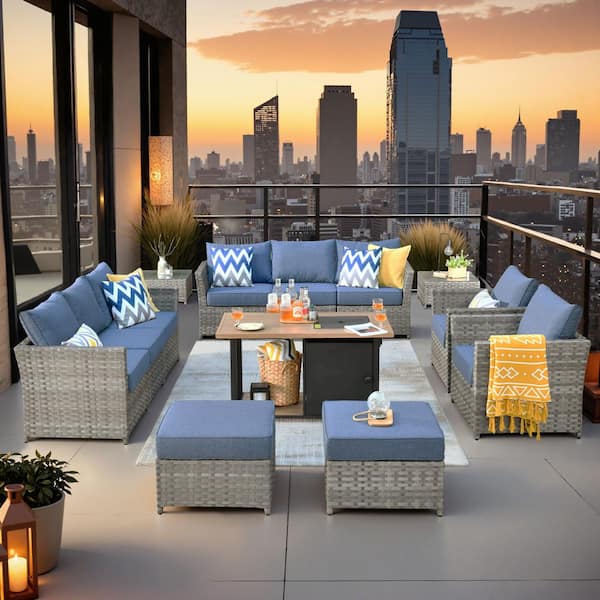 Toject Eufaula Gray 13-Piece Wicker Modern Outdoor Patio Conversation Sofa Set with a Storage Fire Pit and Denim Blue Cushions
