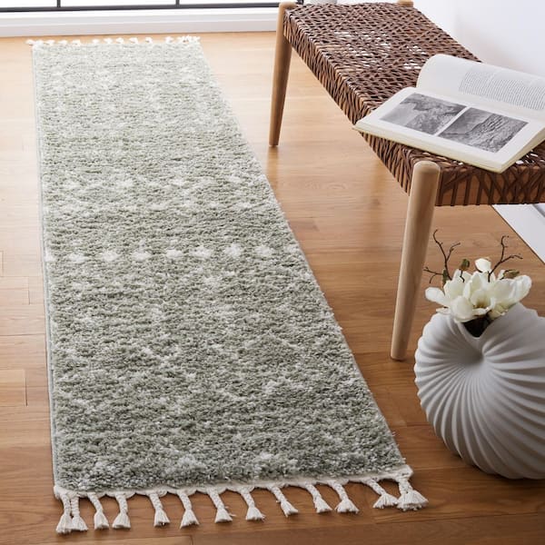 Berber Fringe Shag 2 ft. x 10 ft. Sage/Ivory Diamond Striped Ikat Runner Rug