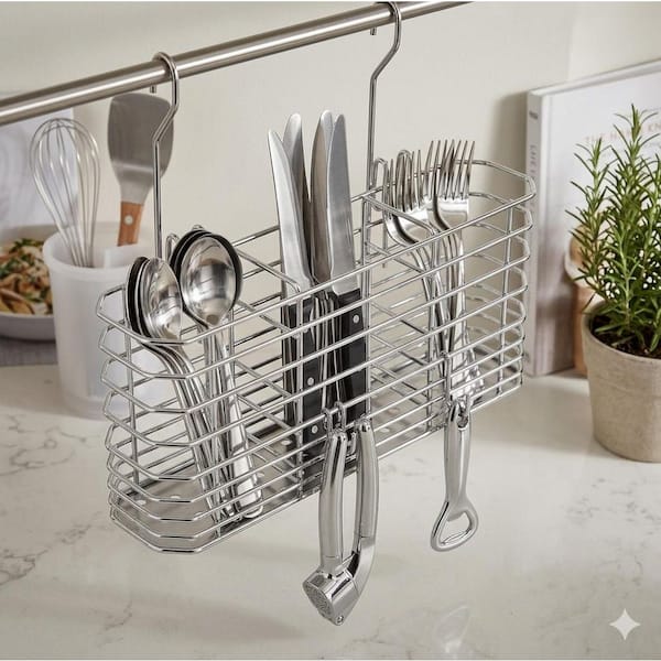 Stainless Steel Utensil Holder with Hooks Kitchen Tableware Organizer Quick-Drain Basket for Flatware Drying
