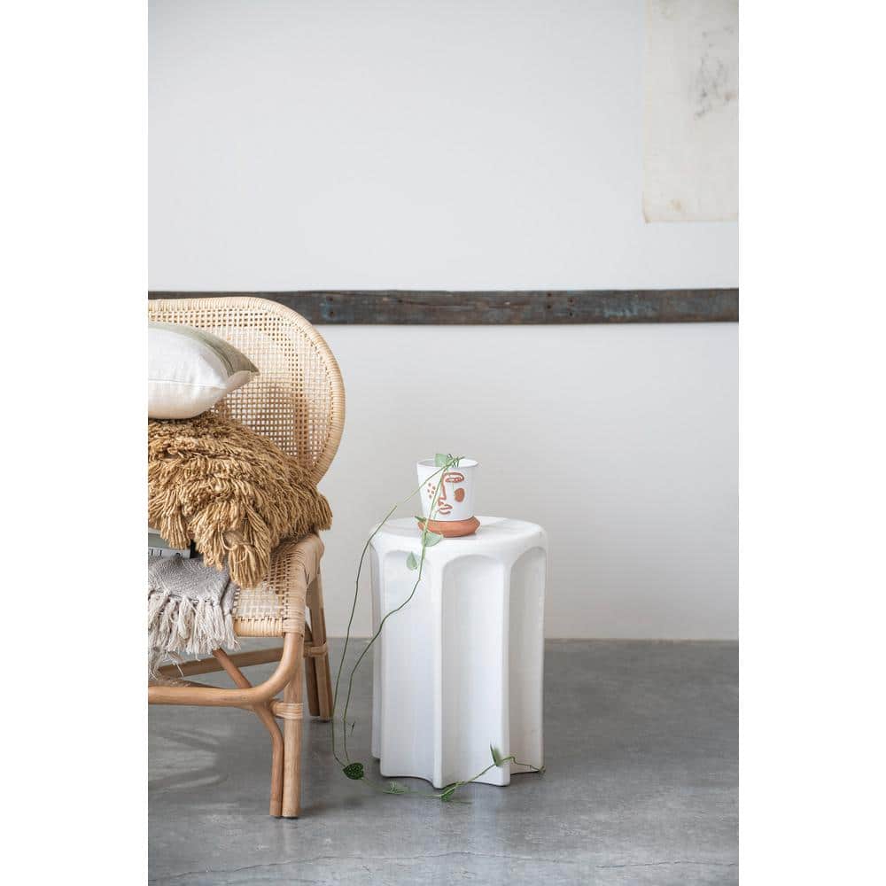 White Sculpted Stoneware Round Accent Table, 18 inches