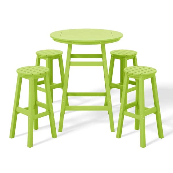 Laguna 5-Piece Bar Height HDPE Plastic Outdoor Patio Round High Top Bistro Dining Set in Lime