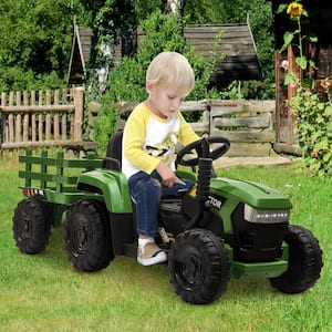 12-Volt Kids Ride-On Tractor Car Rechargeable Battery Powered Truck with Trailer/LED Lights/USB/Bluetooth, Dark Green