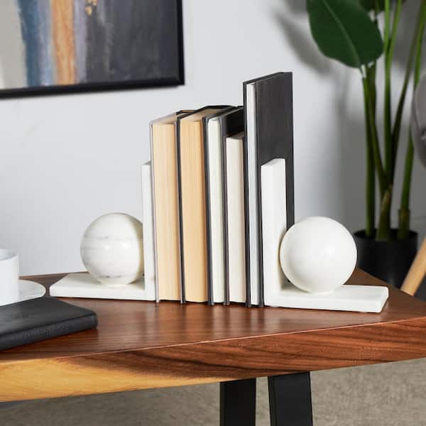 Litton Lane White Marble Sleek Orb Geometric Bookends with L- Shaped Bases (Set of 2)
