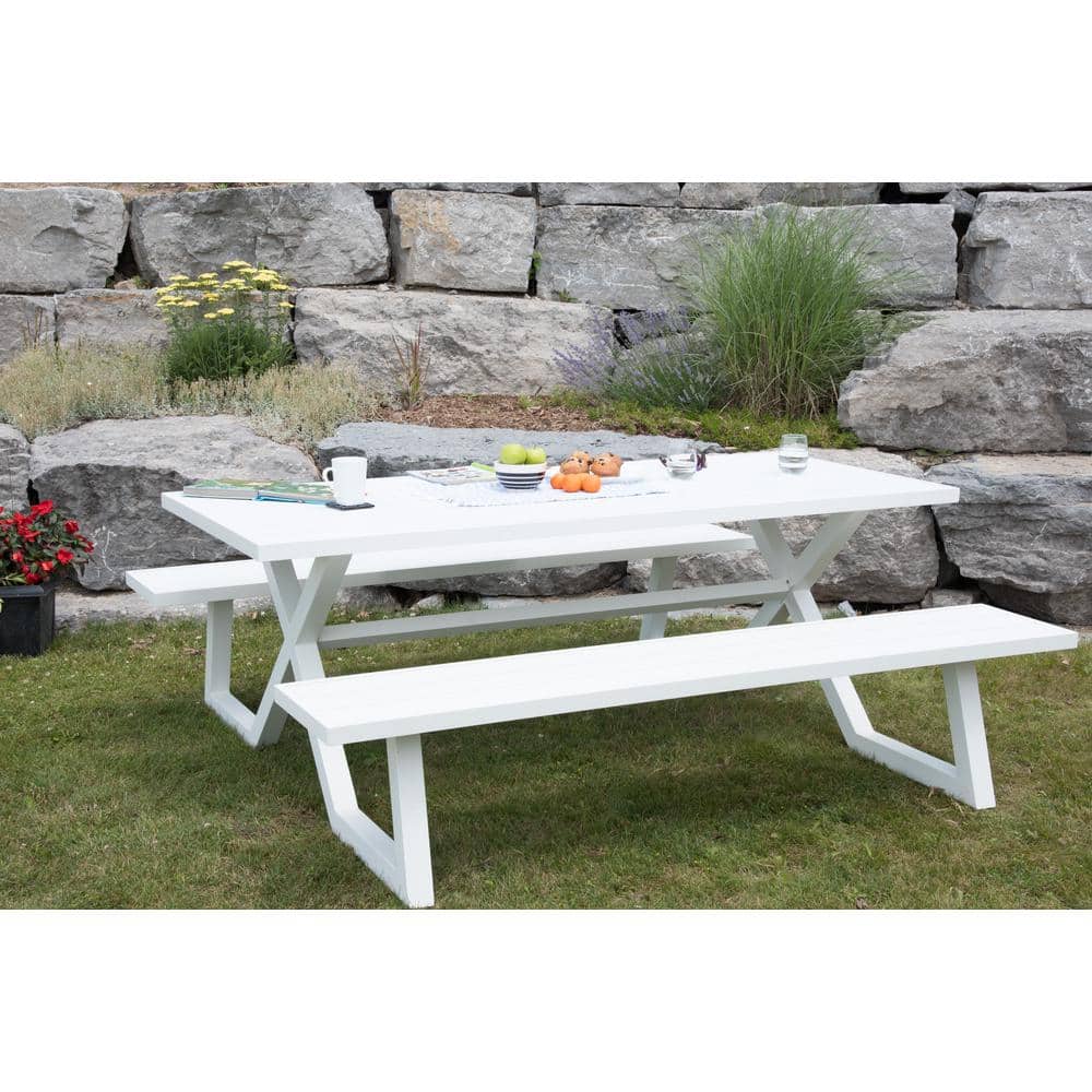 White Aluminum Modern 8-Seat Picnic Table with Attached Benches