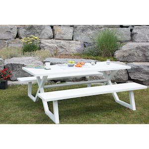 Banquet White Rectangle Aluminum Picnic Table with Attached Bench Seating