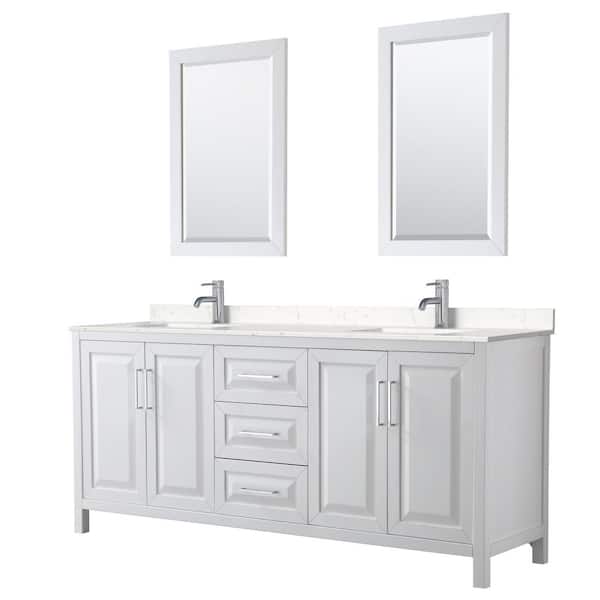 Wyndham Collection Daria 80in.x22in. Double Vanity in White with Cultured Marble Vanity Top in Light Vein Carrara with Basins and Mirrors