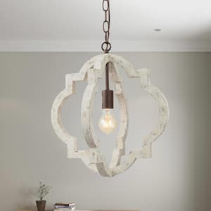 Coastal Farmhouse 1-Light Rustic Distressed White Wooden Island Pendant Light with Open Globe Cage for Foyer Kitchen