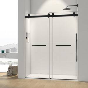 60 in. W x 76 in. H Sliding Frameless Shower Door Soft Close in Matte Black with Clear Glass