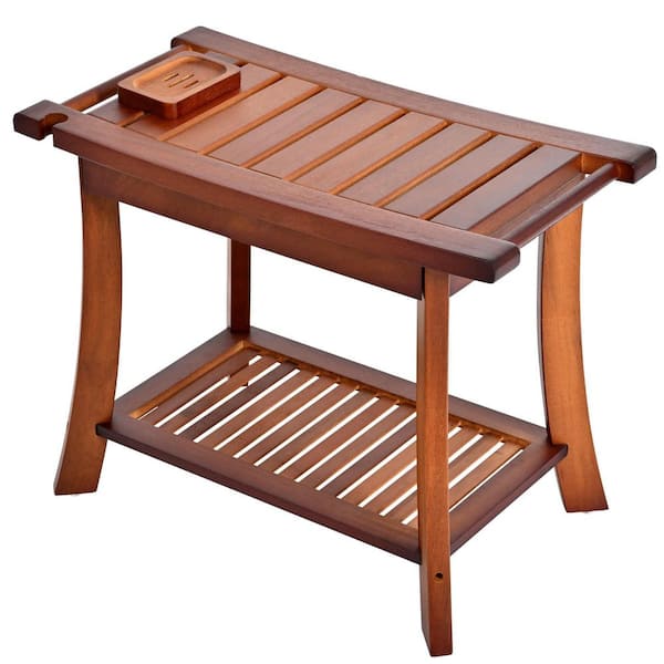 Teak Shower Chair Stool, 23.6 in. Shower Bench Seat, Wood Bathroom Bench with Storage Shelf, Shower Seat in Brown