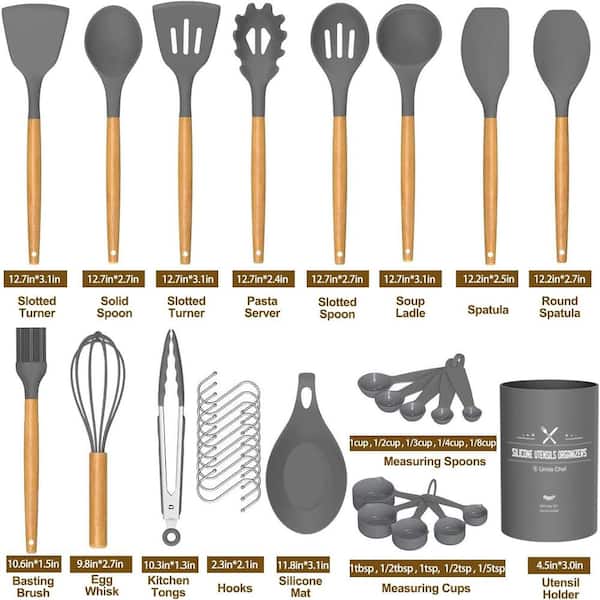 Aoibox 33-Piece Silicon Cooking Utensils Set with Wooden Handles and Holder for Non-Stick Cookware, Cream White