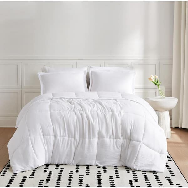 Garment Wash Solid Microfiber White Full/Queen 3-Piece Comforter Set