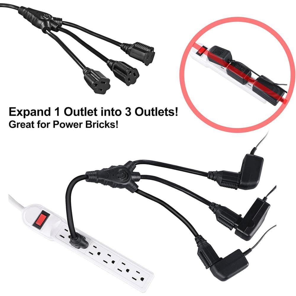 Black Heavy Duty 3 Prong Extension Cord Splitter, 1.5 ft, PVC