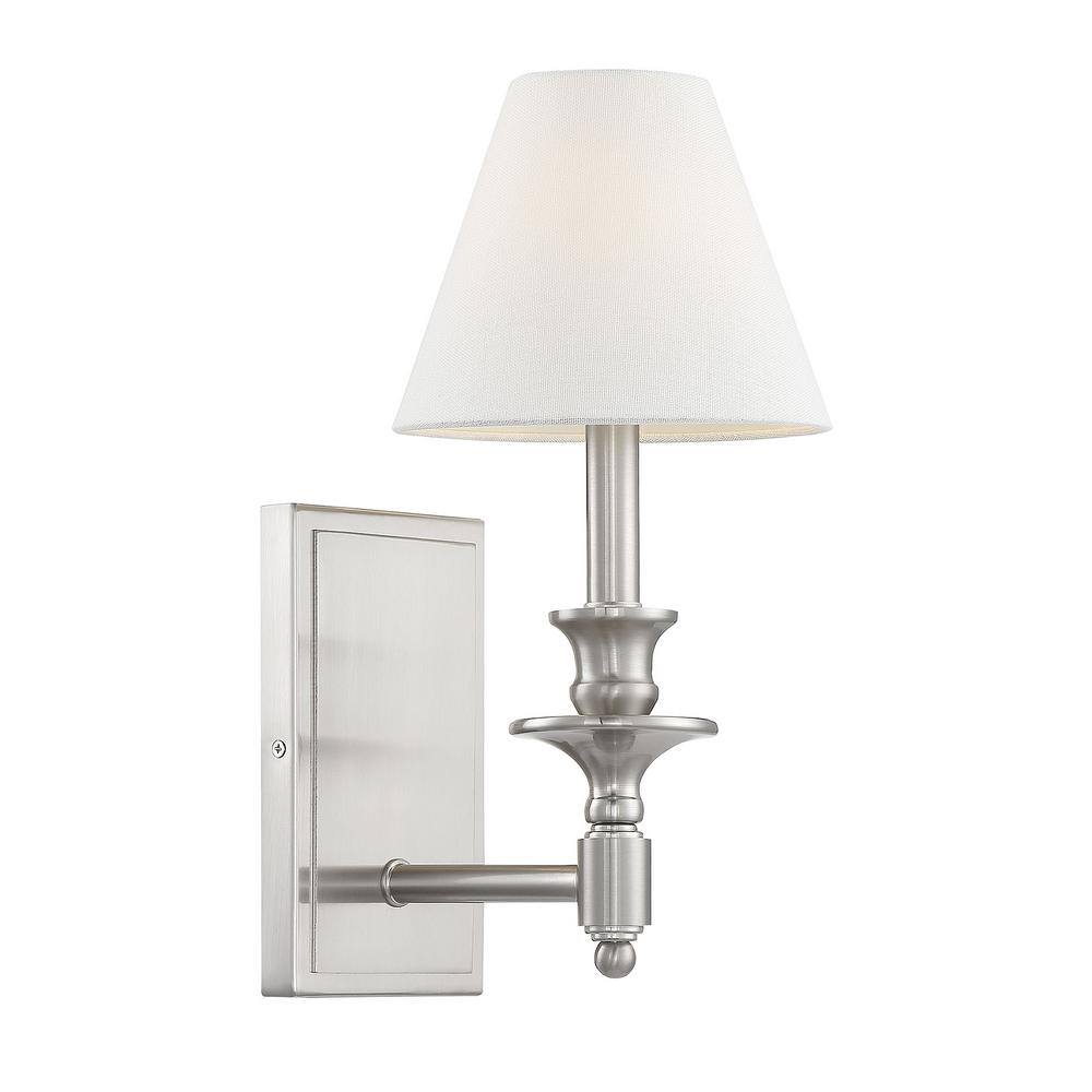 Washburn Satin Nickel 1-Light Wall Sconce with White Linen Shade