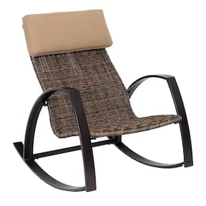 Garden Park Brown Steel Wicker Woven Outdoor Rocking Chair with Brown Headrest Cushion