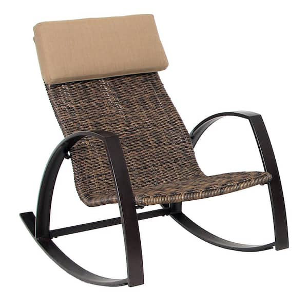 Pacific Casual Garden Park Brown Steel Wicker Woven Outdoor Rocking Chair with Brown Headrest Cushion