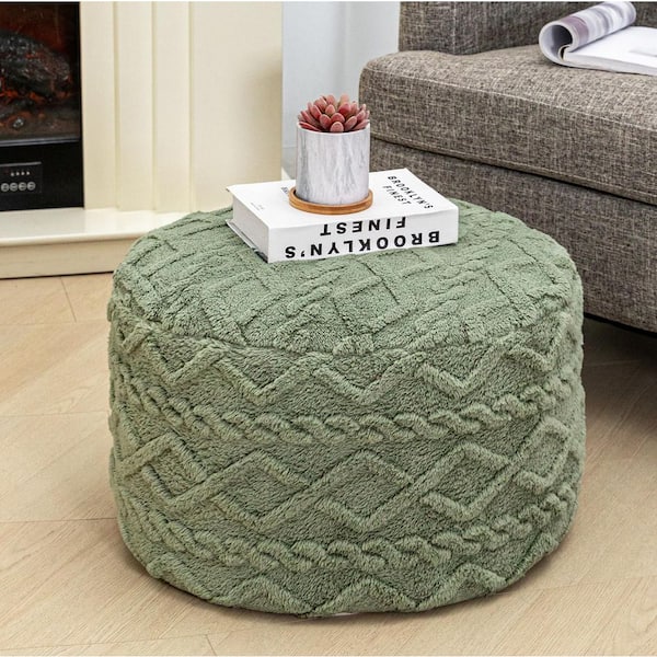 Suede Sage Green Plush Fiber Upholstered Round Foam Pouf Ottoman