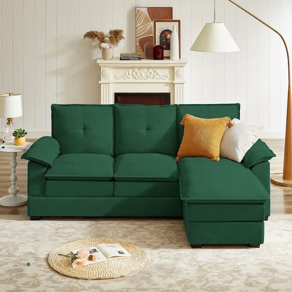 STICKON 82.28 in. Top Pillow Arm Fabric L Shape Sectional Sofa with Reversible Ottoman in Green