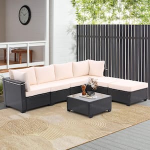 7-Piece Wicker Outdoor Sectional with Blue Cushions Includes Dining Table, Chairs and Ottoman with Cushions, Beige