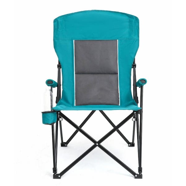 Blue Steel Folding Lawn Chair with High Back and Cup Holder
