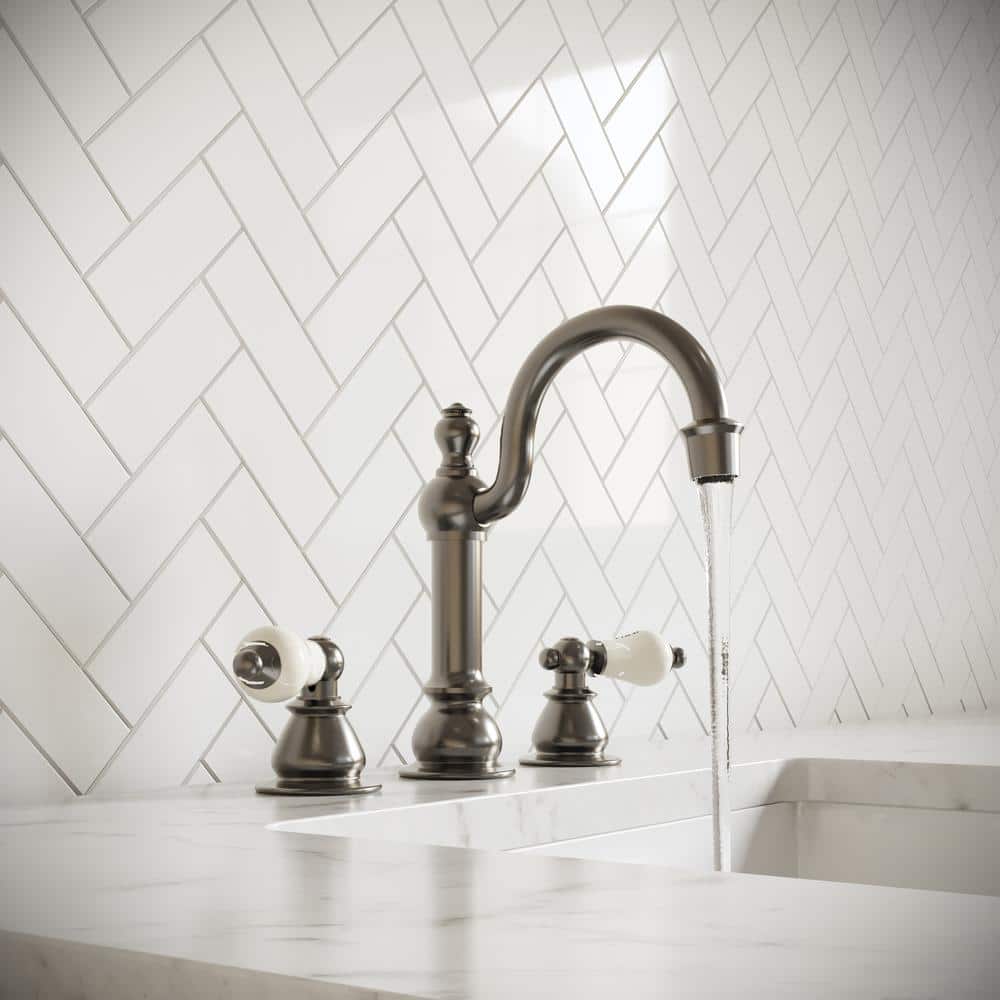 Brushed Nickel Vintage Widespread Bathroom Faucet with Porcelain Levers