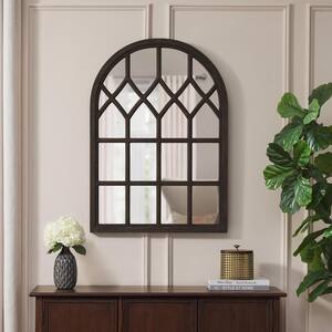 Medium Arched Dark Stained Wood Windowpane Antiqued Classic Accent Mirror (26 in. H x 36 in. W)
