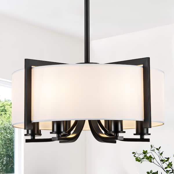 6-Light Black Modern Drum Chandelier with White Fabric Shade