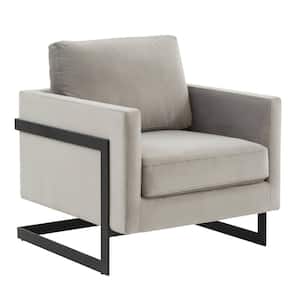 Lincoln Mid-Century Modern Upholstered Velvet Accent Arm Chair with Black Steel Frame, Light Grey