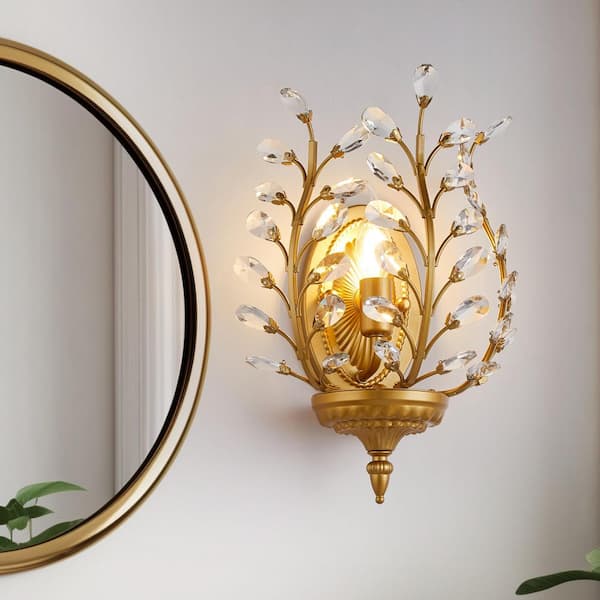10.62 in. 1 Light Gold Classical Empire Dimmable Wall Sconce with Clear Crystal Accents for Living Room Bedroom Hallway