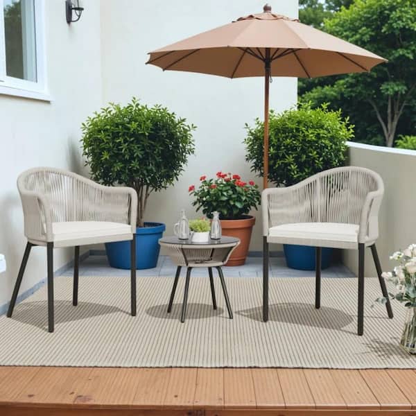 3-Piece Wicker Outdoor Seating Group Patio Conversation Set with white Cushions and Caffe Table Perfect for Yard, Garden