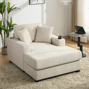 Cream 43.5 in. Chenille Oversized Squre Arm Chaise Lounge with 2 Pillows, Charge Station and Cup Holders