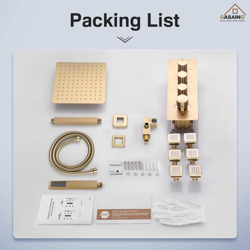 Brushed Gold 12" Stainless Steel Ceiling Mounted Shower System with 6 Body Jets