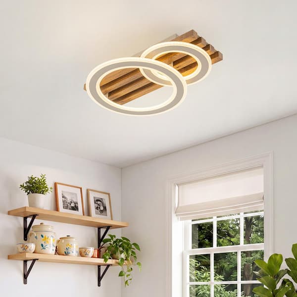17.7 in. 2-Light Rectangle Integrated LED Ring Matte Sand Flush Mount Ceiling Light with Wood for Kitchen Foyer Bedroom