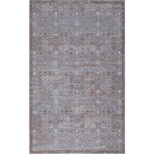 Petunia Distressed All-Over Floral Border Non-Slip Machine-Washable Rose Clay/Gray 5 ft. x 8 ft. Area Rug