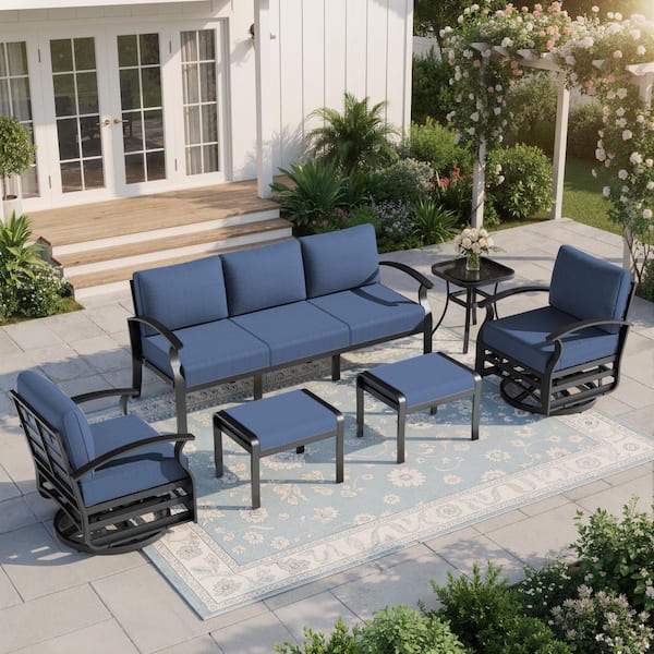 6-Piece Outdoor Aluminum Conversation Set with 360° Swivel Rocking Chairs, 2 Multi-Function Ottomans and Navy Cushions