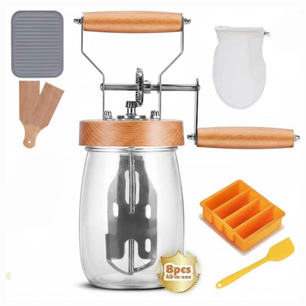 Glass Butter Churner Set Anti-Slip Mat Stainless Steel Wood Farmhouse Theme Pancake Mold Set Kitchen DIY Kit