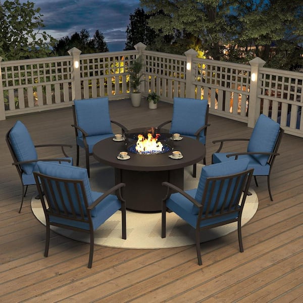 7-Piece Metal Outdoor Dining Set with 6 Chairs, Round Fire Pit Table, Waterproof and Non-Slip Navy Cushions, Patio, Lawn